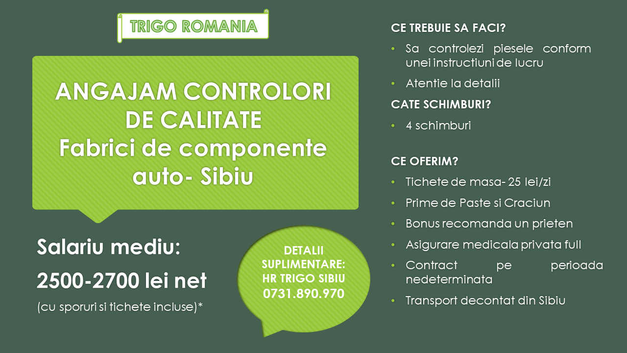 Angajam controlori de calitate in SIBIU