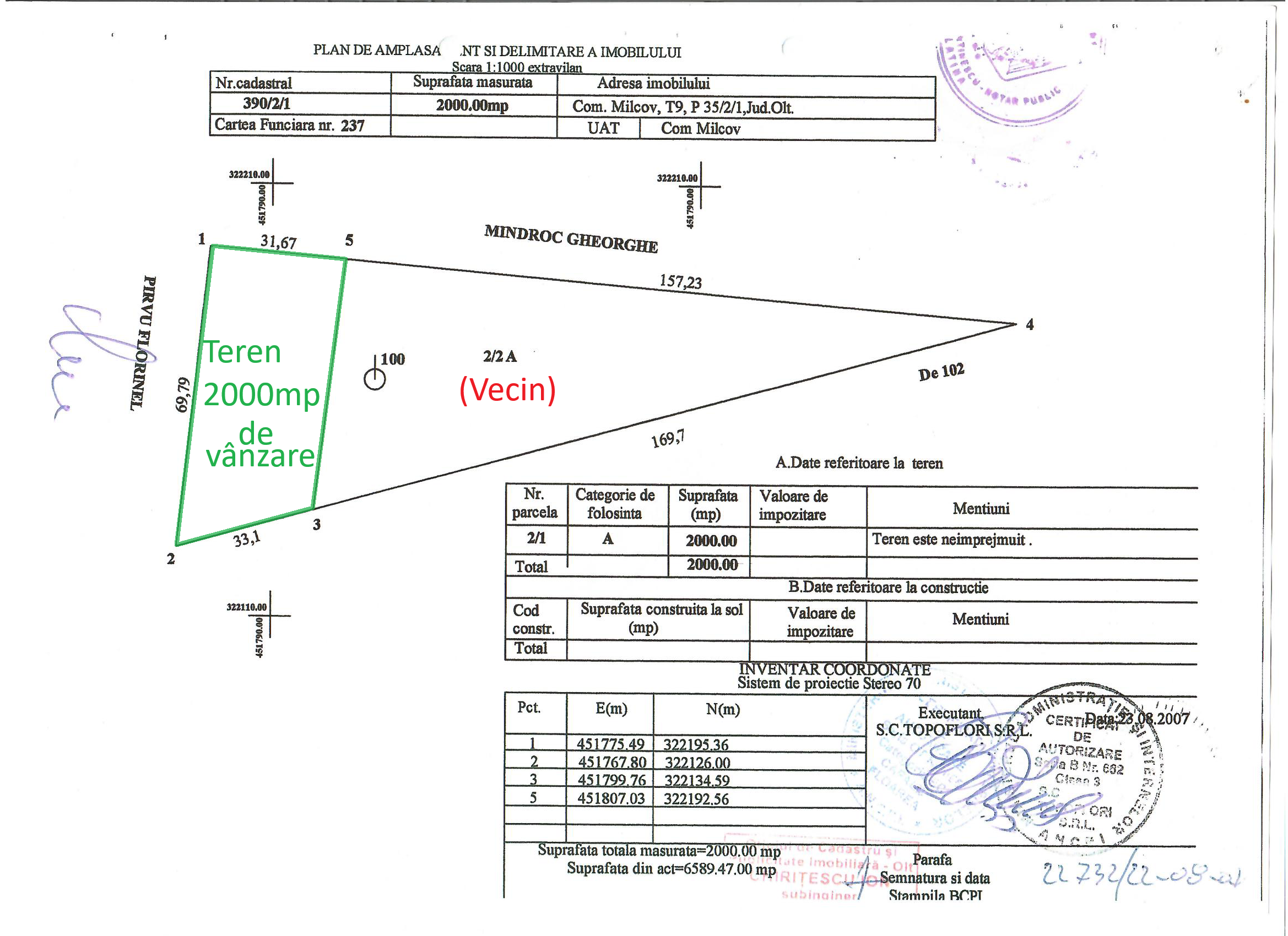 Teren de vânzare – Milcovu din Deal, Slatina jud. Olt – 2000 mp, intravilan