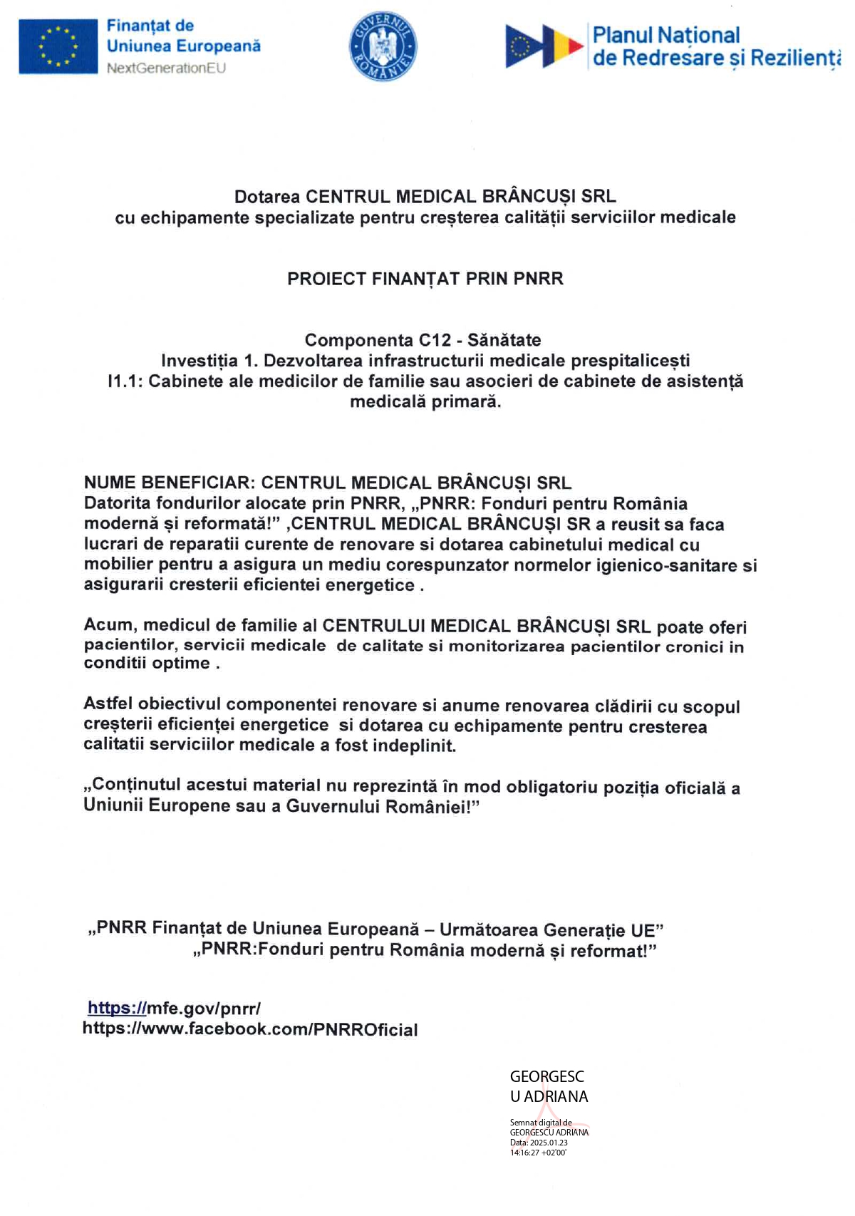 ANUNT FINALIZARE LUCRARI RENOVARE PNRR