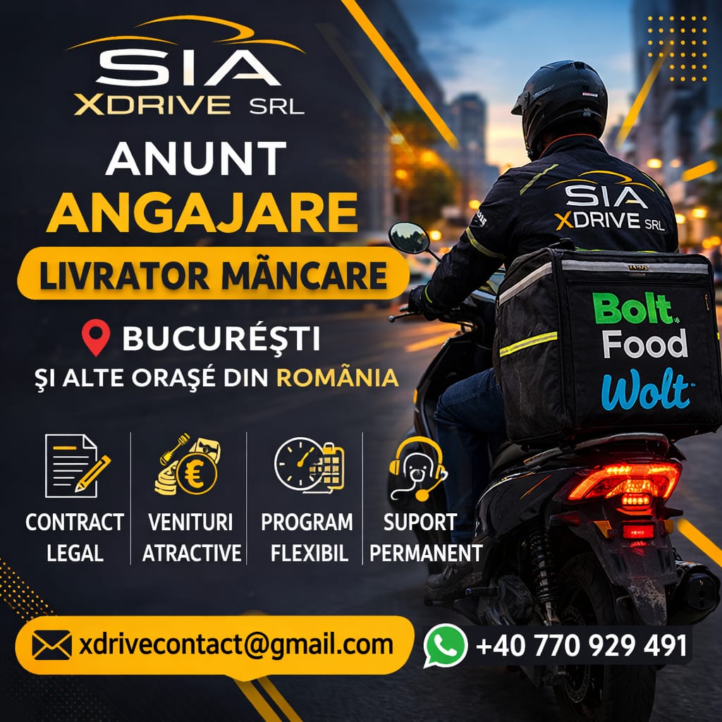 Sia XDrive SRL angajează curieri Bolt Food / Wolt 🚗🛵🚲