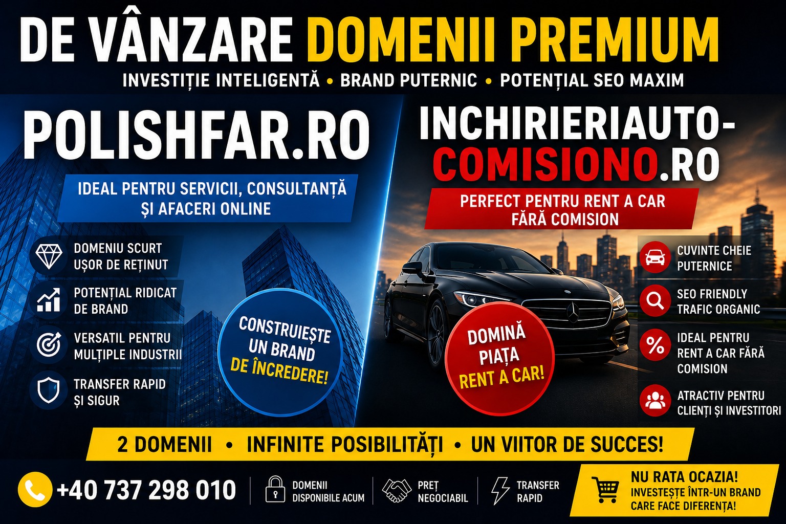De vânzare domenii premium – polishfar.ro și inchirieriauto-comision0.ro