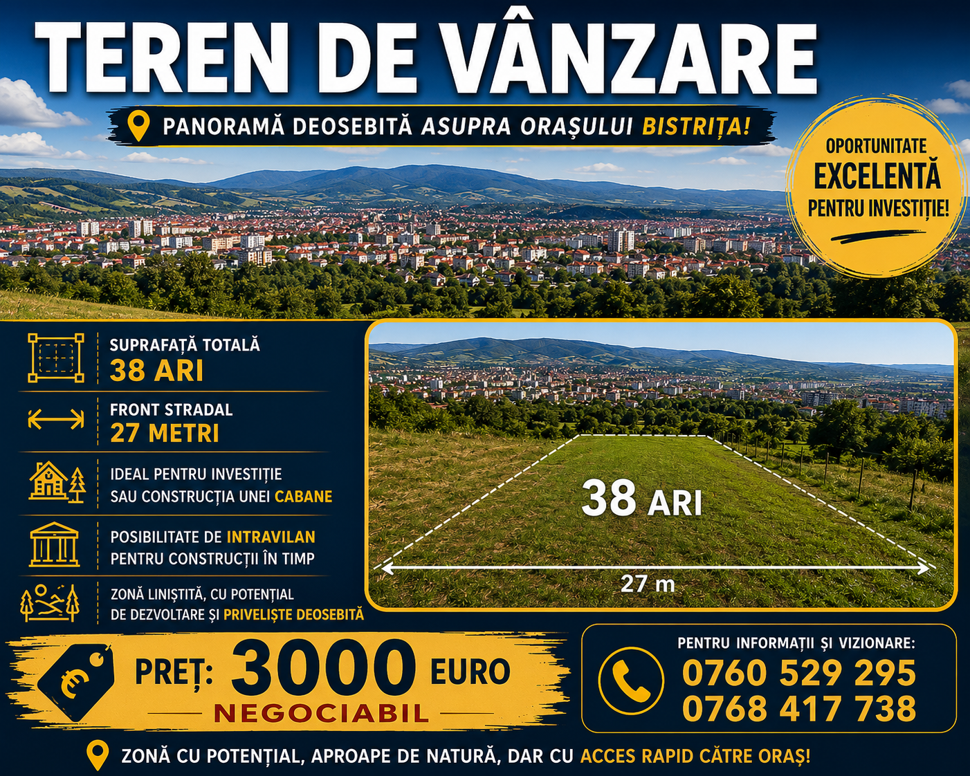 🌄 TEREN DE VÂNZARE – PANORAMĂ DEOSEBITĂ ASUPRA ORAȘULUI BISTRIȚA! O oportunitate excelentă pentru