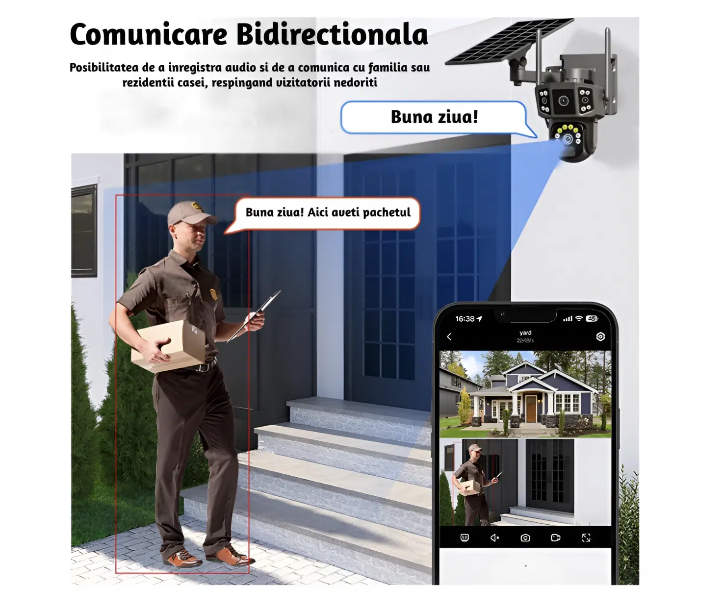 Cameră de supraveghere 4G cu panou solar, 4 camere, zoom optic 10X, detecție umană PIR