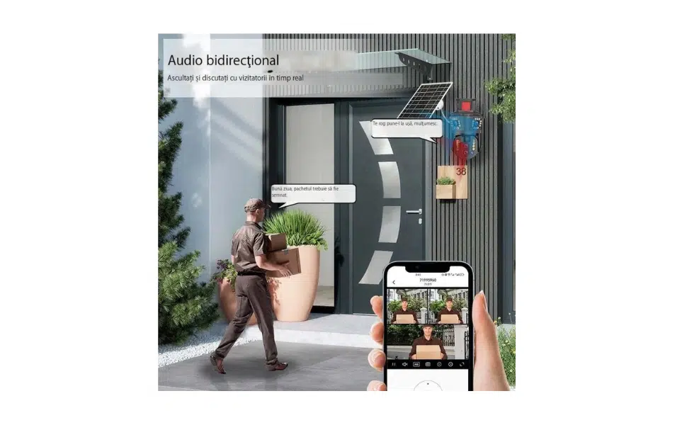 Cameră de supraveghere 4G cu panou solar, 4 camere, zoom optic 10X, detecție umană PIR