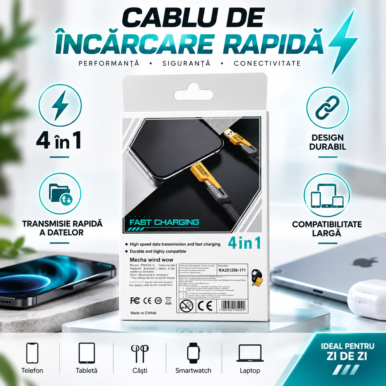 Cablu de Încărcare Rapidă HONGYU 4 în 1 – USB-A, Lightning, 65W/27W, 1M, Împletit și Durabil