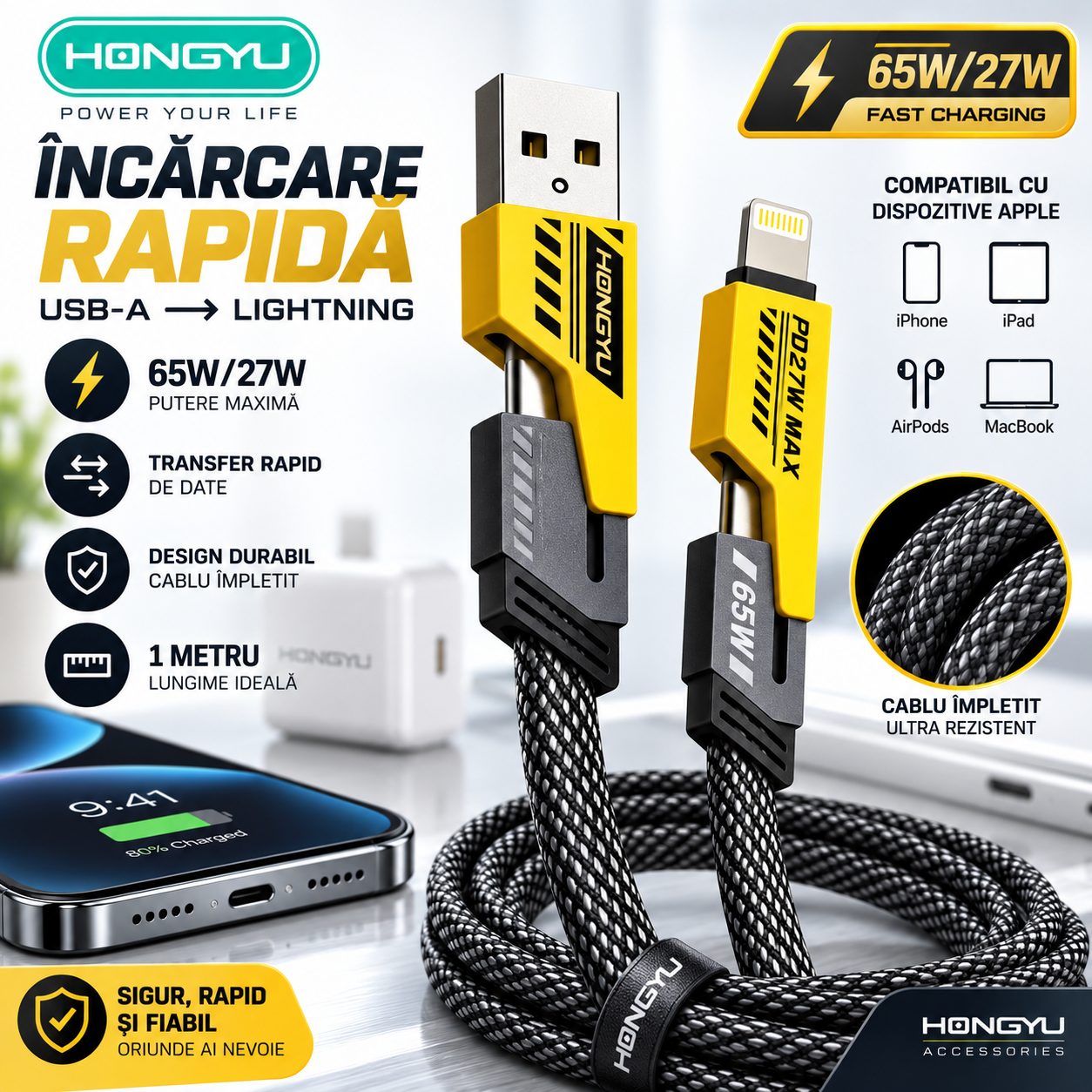 Cablu de Încărcare Rapidă HONGYU 4 în 1 – USB-A, Lightning, 65W/27W, 1M, Împletit și Durabil