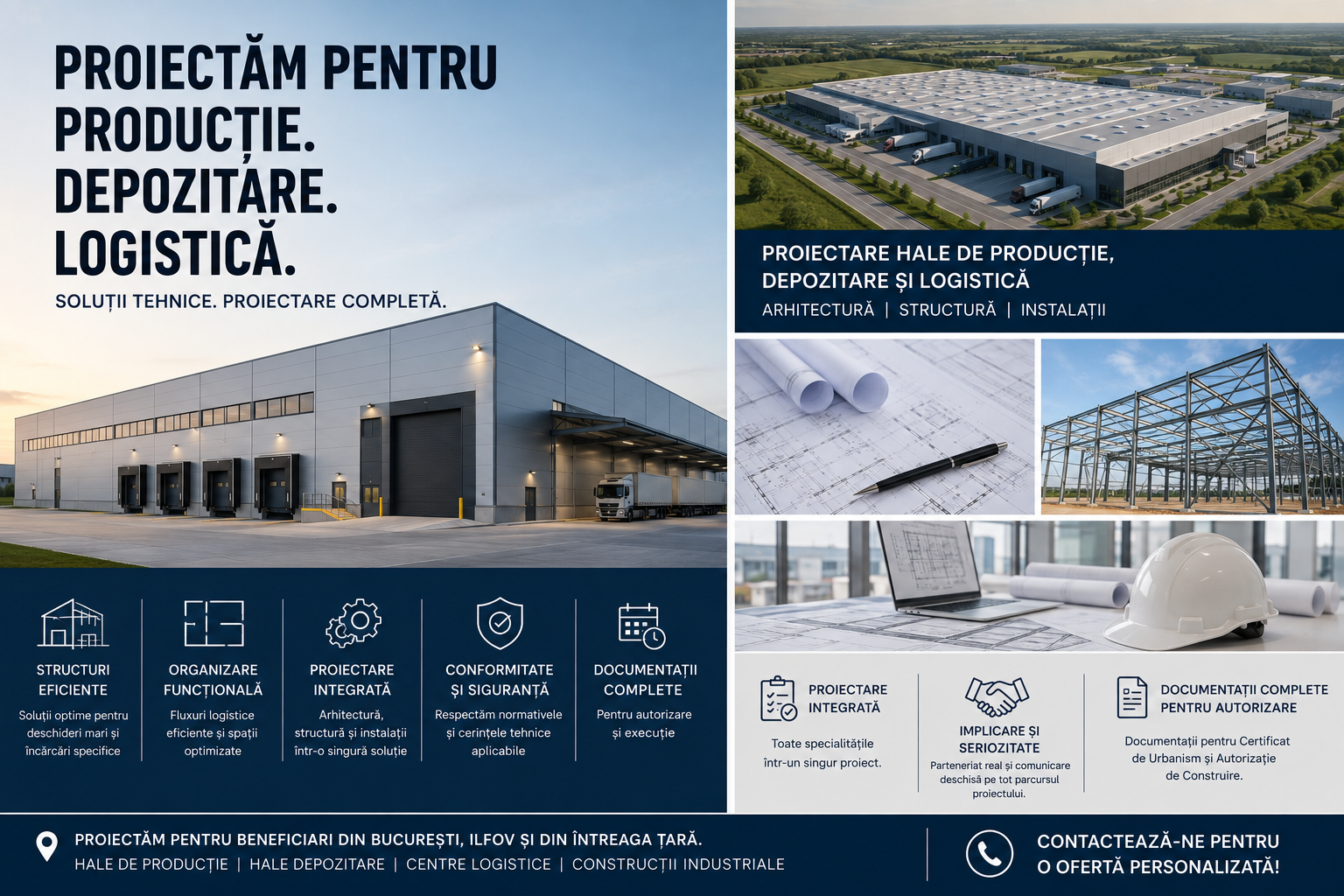 Proiectare hale industriale de producție și centre logistice; proiectant structura, arhitectura