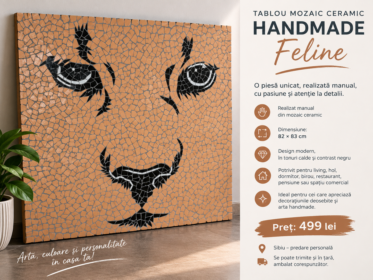 TABLOU MOZAIC HANDMADE – „Feline” | 82×83 cm | Decor Premium, UNICAT
